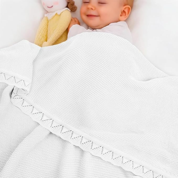 Baby Knit Blanket Soft Breathable Cotton Scallop Border Blankets Newborn Knitted Blanket Swaddle Blankets Gifts for Baby Newborn Toddler Shower Boy Girl New Mom Birthday Christmas White 30x40