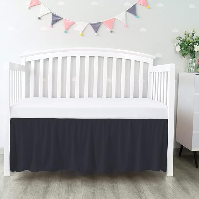 100% Egyptian Cotton, Nursery Crib Toddler (24" x 38" + 10") 800 Thread Count Crib Skirt Dust Ruffle, Bedding Skirts for Baby Boys or Girls, 10" Drop, Black Solid