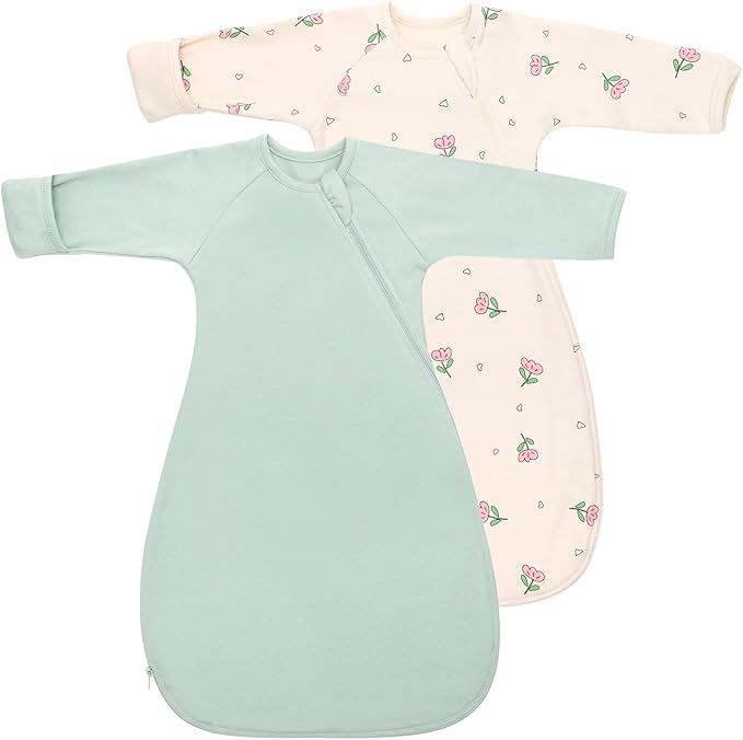 Baby Transitional Swaddle Sack Arms Up Length Sleeves Mitten Cuffs 2 Pack 3-6 Months, Soft Cotton Wearable Sleeping Bag Swaddling Blanket for Boys Girls Sleep Sacks Snug Fit Calms Startle Reflex