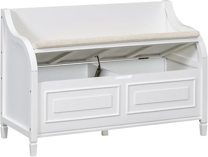 Merax Storage Bench, 41.9” Solid Wood Storage Chest with Backrest and Safety Hinge, Large Storage Space Bench with Upholstered Cushions,Supports 250 lb and Easy Assembly for Small Space, White