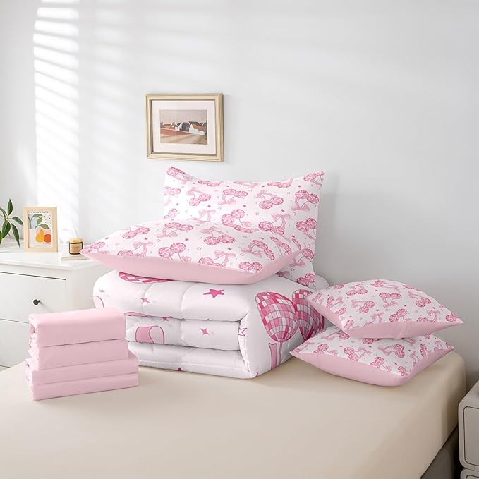 7 Pieces Bowknot Princess Kids Comforter Queen,Disco Crystal Ball Western Cowgirl Bedding Set,Starry Sky Bow Tie Romantic Pink Girly（Comforter+Fitted+Flat Sheet+2 Pillowcases+2 Throw Pillow Covers）