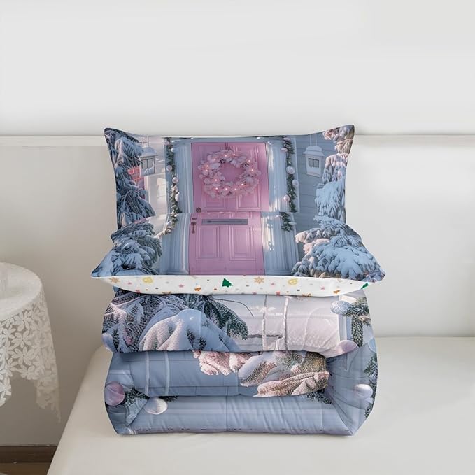 Feelyou Winter Snowscape Bedding Set Soft for Boys Girls, Merry Christmas Comforter Set Queen Size Pink Door Duvet Quilt Microfiber Garland Xmas Tree Bedroom Decor 3 Pcs with 2 Pillow Cases