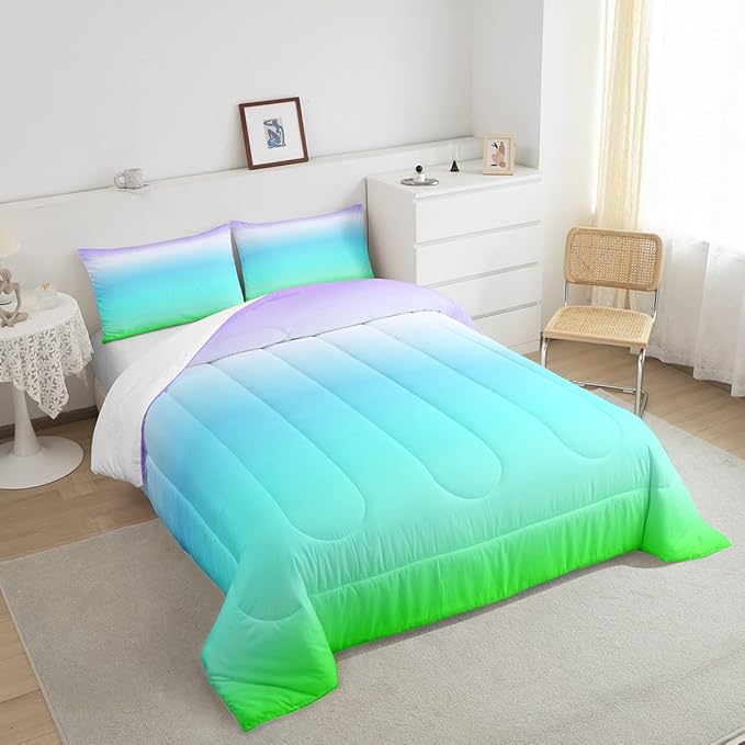 Blue Green Ombre Comforter Full Size, Colorful Gradient Comforter Set for Boys Girls Rainbow Ombre Bedding Set Luxury Modern Duvet Set Decorative Microfiber Bed Set