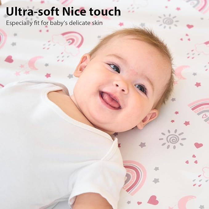 Baby Crib Sheets Girl, 3 Pack Toddler Bed Sheets Fitted for 52”x28” Standard Crib and Toddler Mattresses, Super Soft Microfiber Pink Rainbow