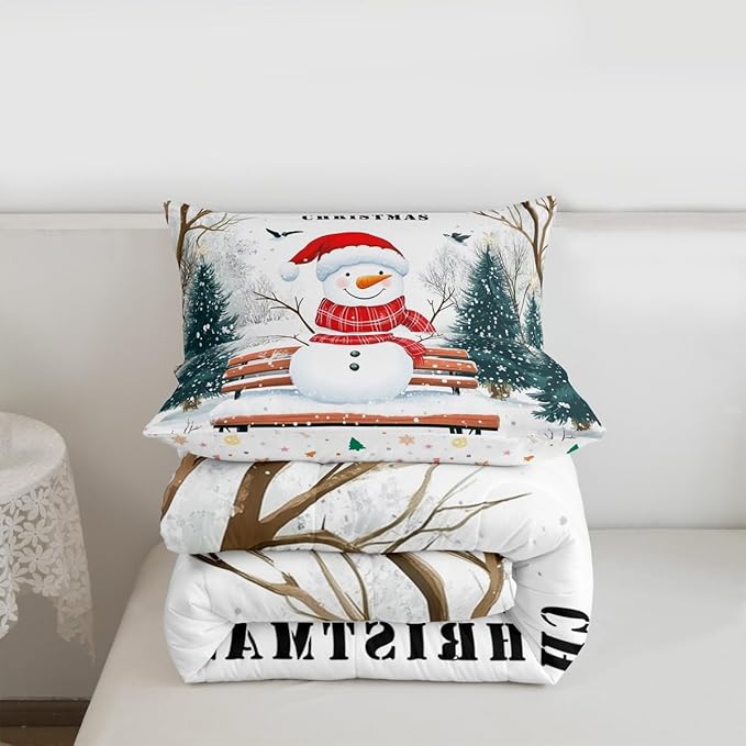 Feelyou Merry Christmas Comforter Set Queen Size Cute Snowman Bedding Set for Kids Boys Girls Snowflake Duvet Quilt Christmas Tree Bedroom Decor Microfiber 3 Pcs with 2 Pillow Cases