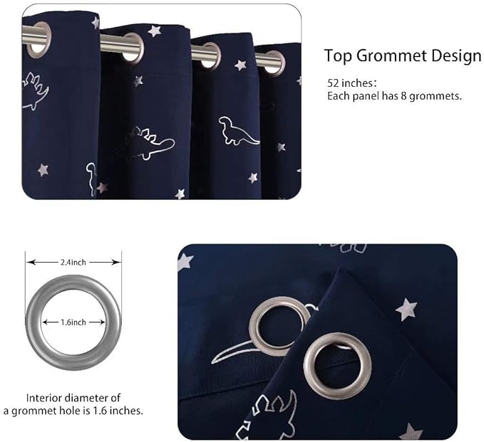 LORDTEX Dinosaur and Star Foil Print Blackout Curtains for Kids Room - Thermal Insulated Curtains Noise Reducing Window Drapes for Boys and Girls Bedroom, 52 x 95 Inch, Navy, Set of 2 Panels