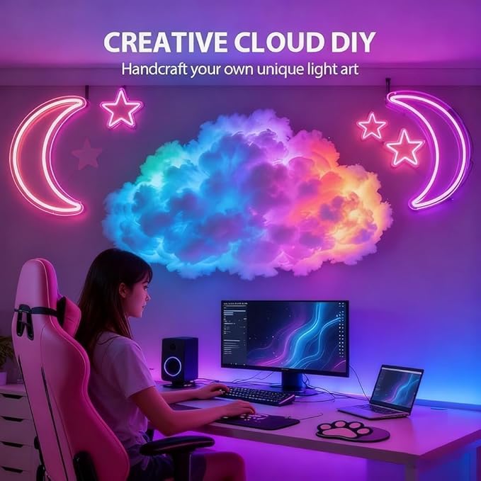 LED Cloud Light with Music Rhythm,DIY USB-Powered Thundercloud LED Light Decor for Bedroom & Gaming Room - USB Powered,Vibrant Glow, No Drill Roof for Christmas/New Year Gifts (6.56ft)
