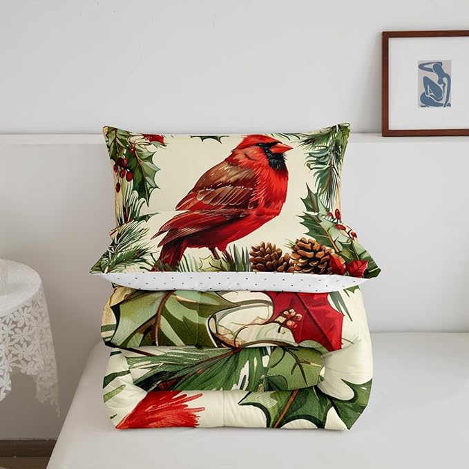 jejeloiu Kids Red Cardinal Comforter Set Queen Size Christmas Tree Green Plants Bedding Set for Boys Girls Teens Xmas Birds Animal Winter Happy New Year Duvet Quilt Room Decor
