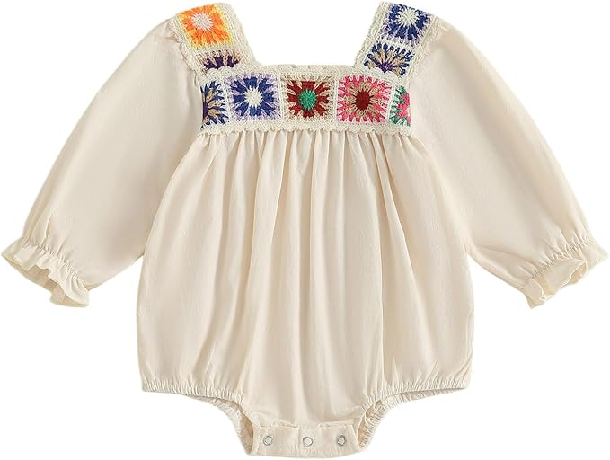 Gaono Newborn Baby Girl Smocked Bubble Romper Cute Boho Summer Clothes Ruffle Sleeveless Crochet Flower Vintage Bodysuit
