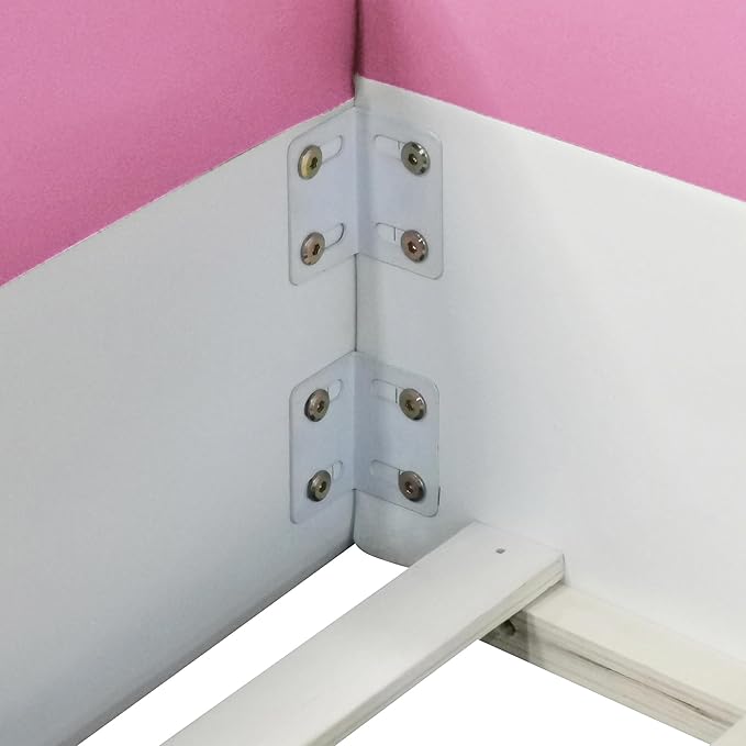 Merax Upholstered Kids' Daybed, Daybed Frame with Fence and Stairs, No Box Spring Needed, Queen Size, Pink+White