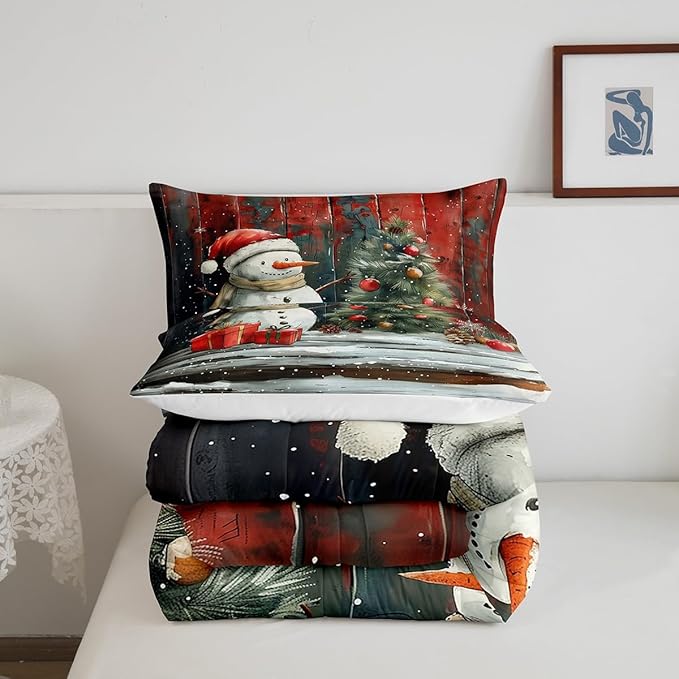 Merry Christmas Bedding Set Full Size,Snowman Christmas Tree Comforter Set for Kids Boys Girls Room Decor,Snowflake Winter Theme Duvet Insert 3Pcs,Retro Rustic Barn Stripes Quilt Set,2 Pillowcases