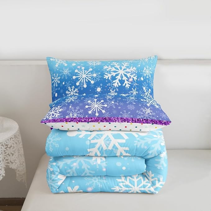 Feelyou Winter Snowflake Comforter Set All Season Glitter Print Bedding Set with 2 Pillow Cases Christmas Microfiber Kids Full Bedclothes Holiday New Year Bedroom Decor Duvet Quilt Soft Lightweight