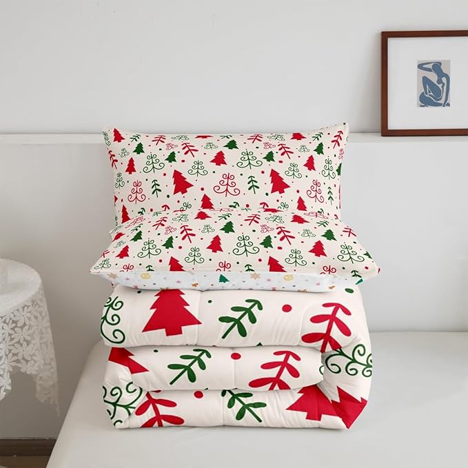 Castle Fairy Christmas Trees Comforter Set King Size,Red Green Pine Plant Hand Sketch Bedding Set All Season Quilt Set,Winter Xmas Natural Botanical Microfiber Polyester Down Comforter