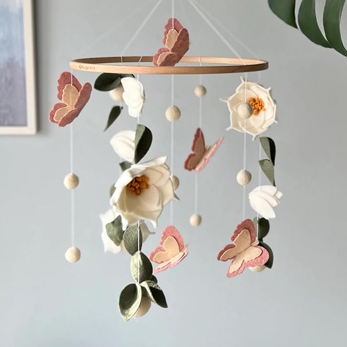 Floral Baby Mobile Nursery Decor Felt Flowers Butterflies Baby Mobile for Crib Boys Girls Boho Style Neutral Baby Gift Hanging for Nursery Decor Accessories