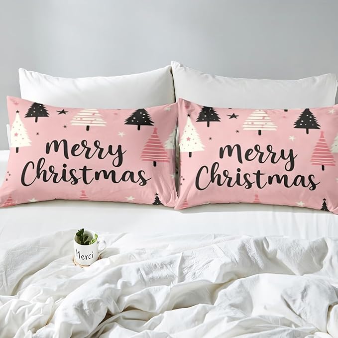 Feelyou Merry Christmas Bedding Set Christmas Tree Duvet Cover for Kids Boys Girls Stars Print Comforter Cover Pink Christmas Bedspread Cover with 2 Pillowcases 3Pcs Bedding Full,No Comforter