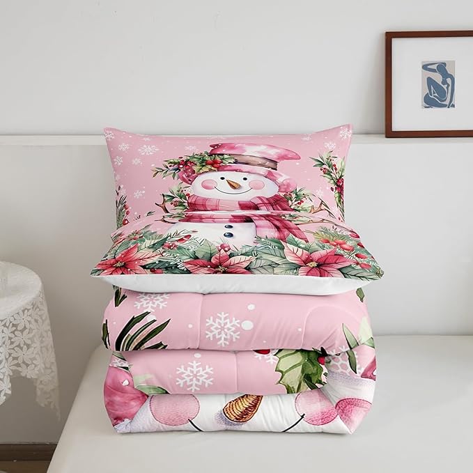 Manfei Xmas Snowman Comforter Set Twin Size, Leaves Flower Snowflake Down Comforter with 1 Pillowcase, Christmas Pink Bedding Set 2pcs for Kids Boys Girls Room Decor Lightweight Duvet Insert