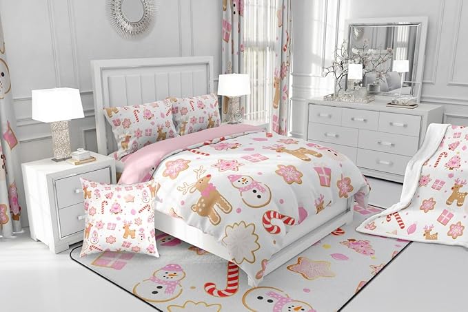 Feelyou Pink Christmas Comforter Set Queen Size Snowman Deer Bedding Set for Kids Boys Girls Snowflake Duvet Quilt Bedroom Decor Microfiber 3 Pcs with 2 Pillow Cases