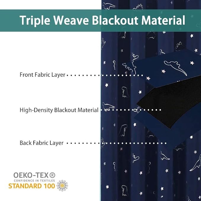 LORDTEX Dinosaur and Star Foil Print Blackout Curtains for Kids Room - Thermal Insulated Curtains Noise Reducing Window Drapes for Boys and Girls Bedroom, 52 x 63 Inch, Navy, Set of 2 Panels