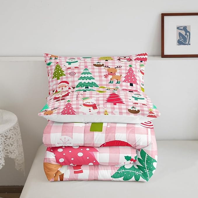 Cartoon Christmas Kids Comforter Set Toddler Size,Kawaii Xmas Cute Deer Bear Animals Bedding Set for Girls,Colorful Santa Claus Snowman Pine Trees Pink Checkered Quilted Set with 1 Pillowcase