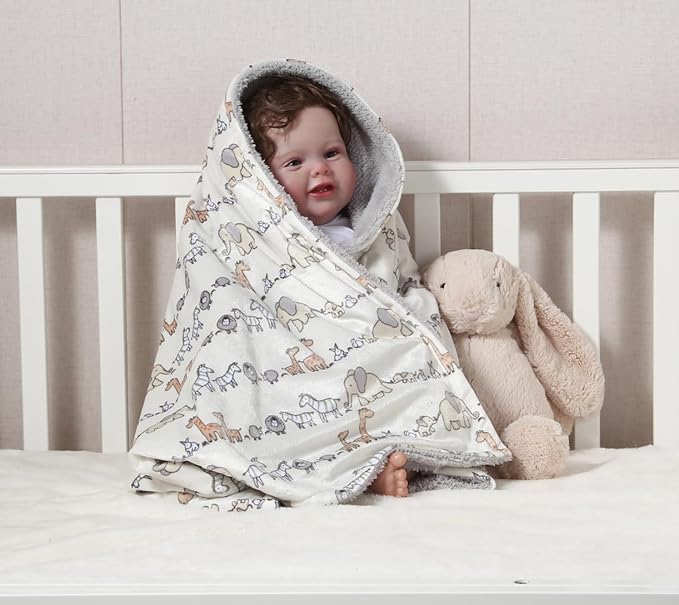 CREVENT 2Pcs 30''X40'' Cute Cozy Fluffy Warm Baby Blankets for Infants Toddlers' Bedding Crib Cot Stroller - Grey Cloud + Minky Animal