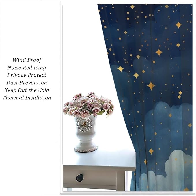 Night Sky Stars Curtain for Kids, Blue Starry Space Galaxy Pattern Window Treatments for Boys Girls Bedroom Toddlers Room Living Room 42" W X 45" L