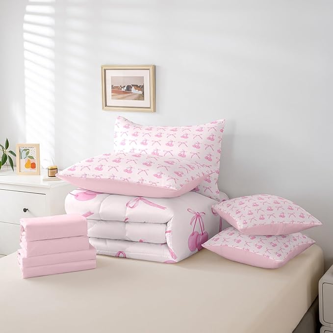 7 Pieces Cartoon Bowknot Kids Comforter Set Queen,Pink Bow Tie Butterfly Knot Princess Bedding Set,Cherry Bow Patchwork Romantic（Comforter+Fitted+Flat Sheet+2 Pillowcases+2 Throw Pillow Covers）