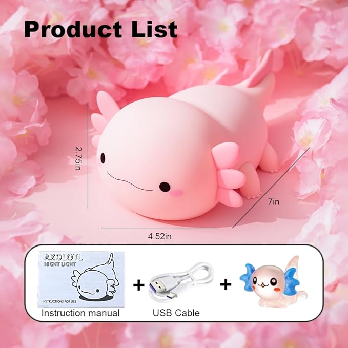 Night Light for Kids Bedroom, Animal Silicone Nursery Night Lamp Touch Nightlights USB Rechargeable Bedside Lamp for Baby Children Toddlers Girls Gift (Pink Axolotl +1)