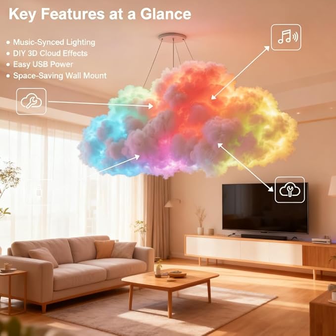 LED Cloud Light with Music Rhythm, 2025 New Cloud Lights for Ceiling,Bedroom,Gaming Room, Music-Sync Dynamic Lighting Effect, Cool Stuff for Boys, For Ceiling Bedroom Office Party (157.48in LED light)