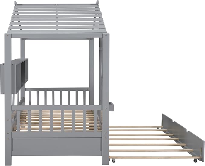Merax Wood Twin House Daybed with Trundle & Book Shelf, Low Sofa Day Bed for Boys Girls No Box Spring Needed Gray