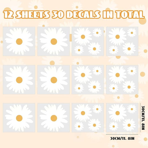 12 Sheets Daisy Wall Decals, White and Yellow Daisy Flowers Wall Stickers, Large Vinyl Peel and Stick Floral Wall Decor for Living Room Bedroom Decoration Baby Girls Room Nursery Room
