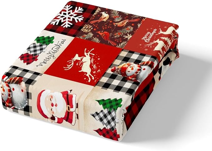 Manfei Christmas Duvet Cover Set Full Size, Deer Tree Snowman Santa Claus Print Comforter Cover with 2 Pillowcases, Plaid Grid Print Bedding Set 3pcs for Kids Boys Girls Bedroom Decor,No Comforter