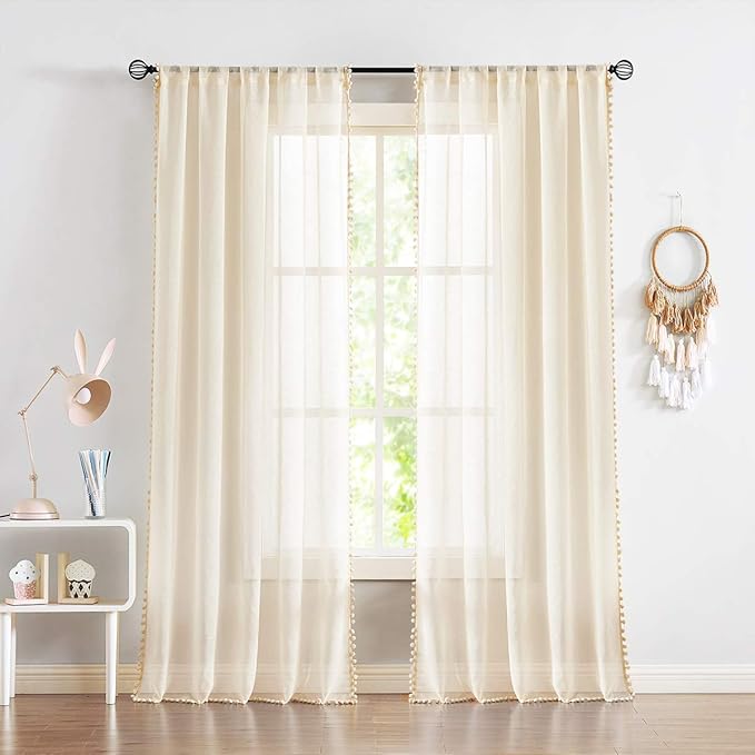 Treatmentex Pompom Linen Sheer Curtains for Living Room 84inches Long Decorative Natural Window Curtain Draperies for Kids Bedroom Slub Textured Voile 52" W, 1 Pair, Beige