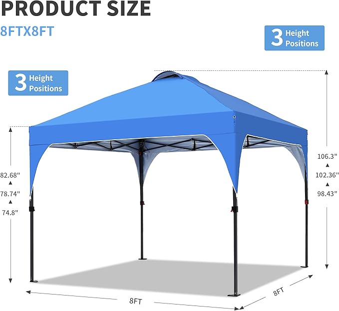 GDY 8x8 Pop Up Canopy Tent, Easy-Setup Gazebo, Outdoor Canopy with 3 Adjustable Heights for Events, Parties, Camping, Blue.