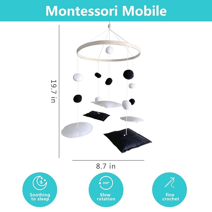 Montessori Mobile, Black and White Mobile for Baby, Woodland Baby Crib Mobile for Boys Girls, Neutral Nursery Mobile High Contrast Mobile for Pack N Play, Nursery Decor Woodland