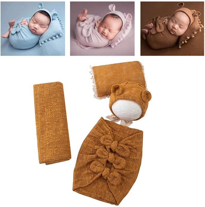 Vemonllas Newborn Baby Boy Girl Photography Props Bow Wrap, Posing Aid, Hat and Blanket Set of 4 Pcs