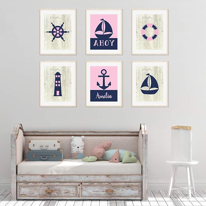 Andaz Press Personalized Girls Ocean Nautical Sailor Theme Nursery Kids Bedroom Hanging Wall Art Decor, 8.5x11-inch, Pink Navy Blue, Ahoy, Boat, 6-Pack, Custom Name Unframed Poster