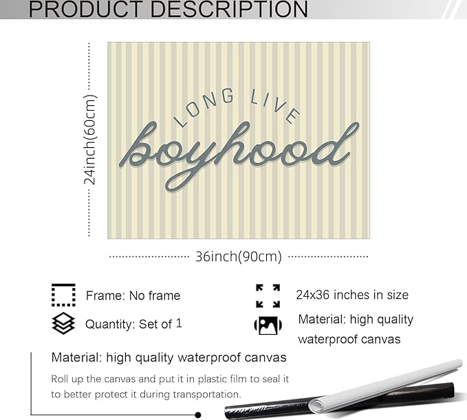 YYS Long Live Boyhood Quote Wall Art Preppy Blue Stripe Poster Modern Fashion Minimalist Canvas Prints for Boy Nursery Bedroom Wall Decor 24x36 inch Unframed
