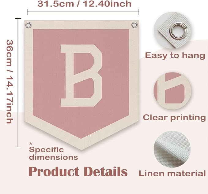 Lacama Pink Initial Personalized Preppy Banner, Baby Girl Nursery Decor, Initial Pennant，Letter B Banner Flag，Vintage Room Decor Toddler Room Bedroom Playroom Front Door Birthday Christmas Gift(B)