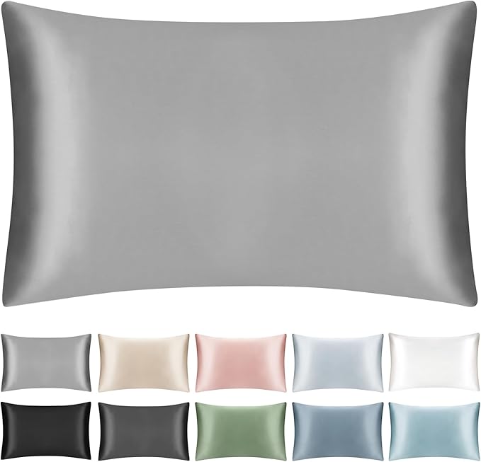 100% Mulberry Silk Pillowcase with Hidden Zipper,Both Sides Pure Silk Breathable Pillow Case for Hair and Skin,19 Momme Grade 6A,1pc,Light Gray,Queen Size 20x30 Inches