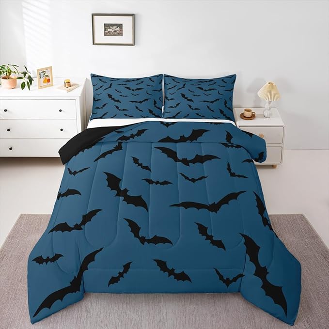 Erosebridal Halloween Bat Comforter Set Gothic Bats Bedding Set King Size,Black Blue Spooky Goth Quilt for Kids Boys Girls Adults Vintage Halloween Decor Down Comforter,Horror Room Decor