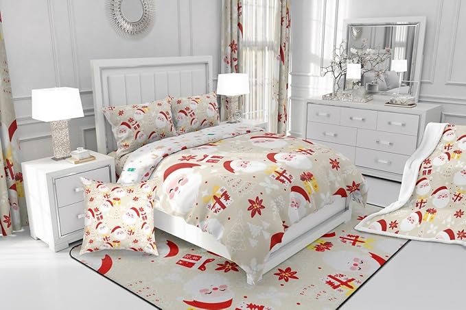 jejeloiu Santa Claus Comforter Set Queen Size Merry Christmas Bedding Set for Kids Boys Girls Xmas Themed Duvet Quilt Beige Bedroom Decor