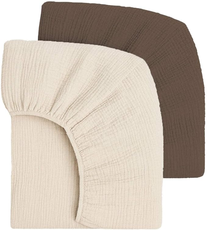 Mère & Moi Muslin Fitted Crib Sheets – 100% Cotton, Ultra-Soft & Breathable Baby Bedding for Standard Crib & Toddler Mattress (28” x 52”) - 2 Pack (Brown and Cream)