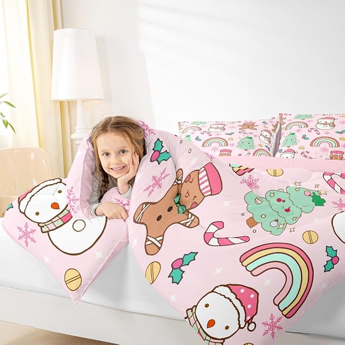 Feelyou Christmas Kids Comforter Set Toddler Size Merry Christmas Tree and Snowman Bedding Set Gingerbread Man Duvet Quilt for Kids Boys Girls Bedroom Rainbow Print Decor Snowflake Soft Breathable