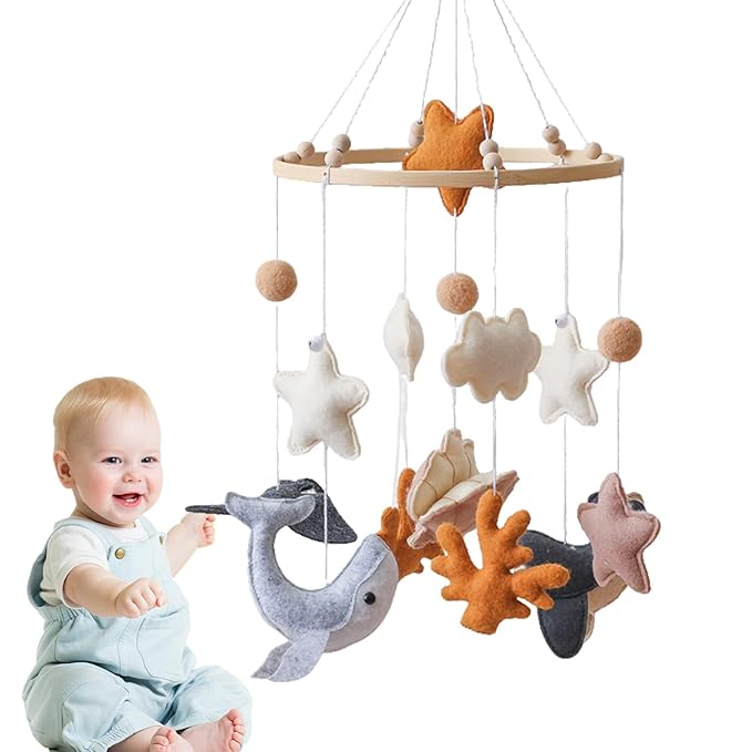 Handmade Crib Mobile - 240g Felt Animal | Soothing Nursery Decor | Gender Neutral Hanging Whale Clouds Room Decoration Christmas Birthday Gift