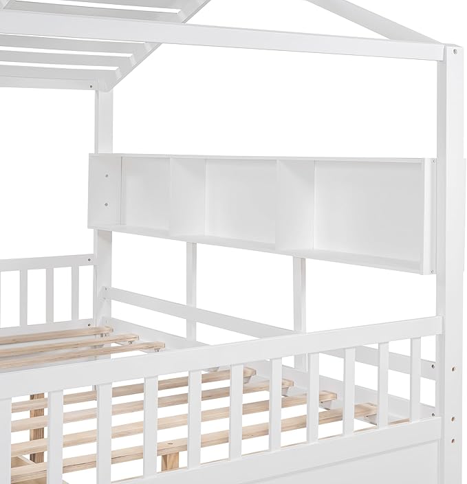 Full Size House Bed with 2 Drawers and Storage Shelf, Playhouse Design Solid Wood Kids Platform Bed Frame for Girls Boys, Decorable Daybed with Sturdy Slats Support, Space-Saving (AF-White)