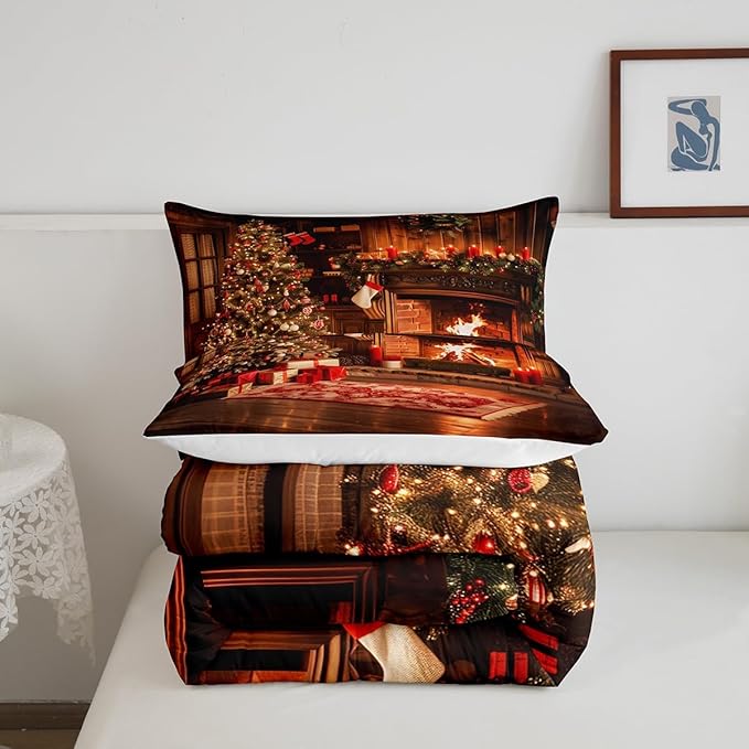 Xmas Theme Comforter Set Queen Size, Vintage Christmas Fireplace Tree Bedding Set for Kids Boys Girls Room Decor, Merry Christmas Duvet Insert 3Pcs, Pine Tree Luxury Quilt Set, 2 Pillowcases
