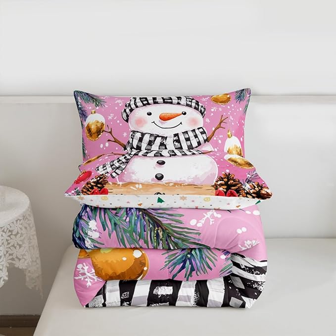 Feelyou Merry Christmas Bedding Set Soft for Boys Girls, Cute Snowman Comforter Set King Size Snowflake Duvet Quilt Microfiber Winter Bedroom Decor 3 Pcs with 2 Pillow Cases