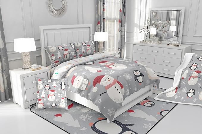 Feelyou Christmas Comforter Set Queen Size Snowman Snowflake Bedding Set for Kids Boys Girls Penguin Duvet Quilt New Year Gift Bedroom Decor Microfiber 3 Pcs with 2 Pillow Cases