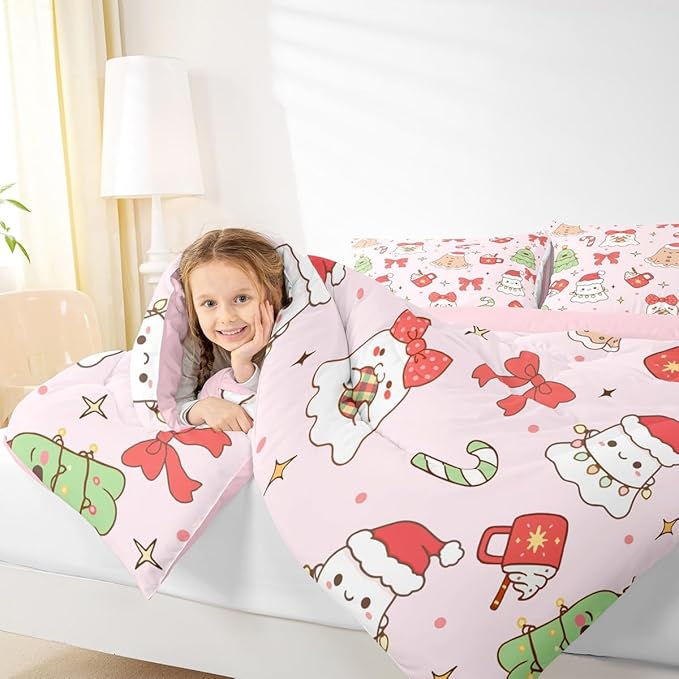 Feelyou Christmas Bedding Set Soft for Boys Girls, Cute Bow Comforter Set King Size Cute Ghost Duvet Quilt Microfiber Coquette Bow Knot Bedroom Decor Candy Print 3 Pcs with 2 Pillow Cases
