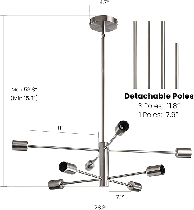Modern Sputnik Chandeliers Light, 8 Lights Brushed Nickel Dining Room Chandelier Over Table, E26 Mid Century Ceiling Light Fixtures Height Adjustable Hanging Pendant Lighting for Entryway Foyer